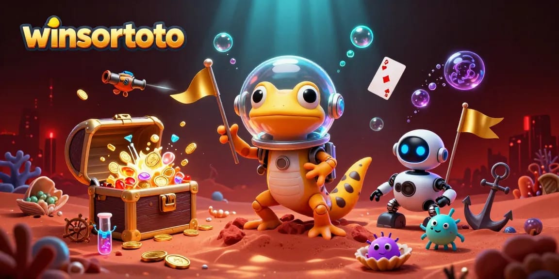 Menangkan hadiah di winsortoto dengan ilustrasi kasino virtual penuh warna dan karakter unik di luar angkasa.