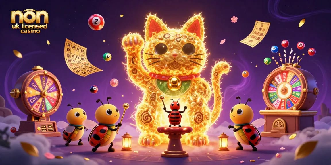 Engage with non uk licensed casino gaming elements in a vibrant, dynamic scene featuring lucky symbols and animation.