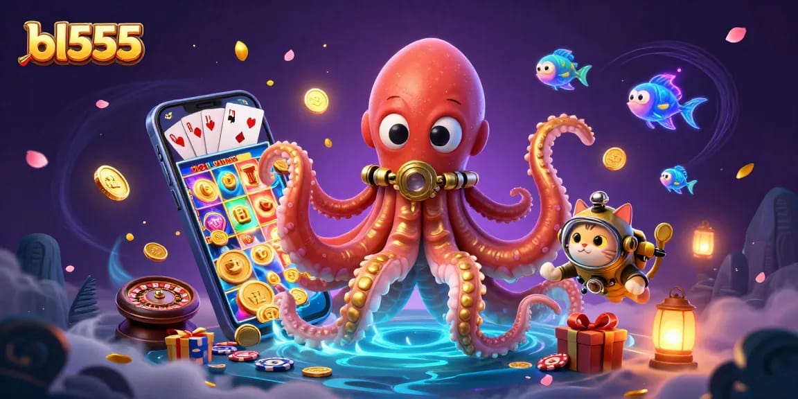 Win big with bl555 slots in a vibrant underwater casino adventure with kraken and diving cat.
