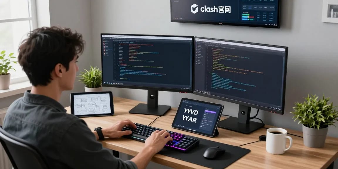 在clash官网的高科技工作室场景中，开发者专注于网络路由和YAML配置。