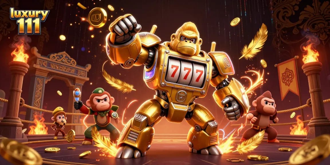 Experience thrilling wins with luxury 111 in this dynamic casino-themed illustration showcasing a golden gorilla mech.