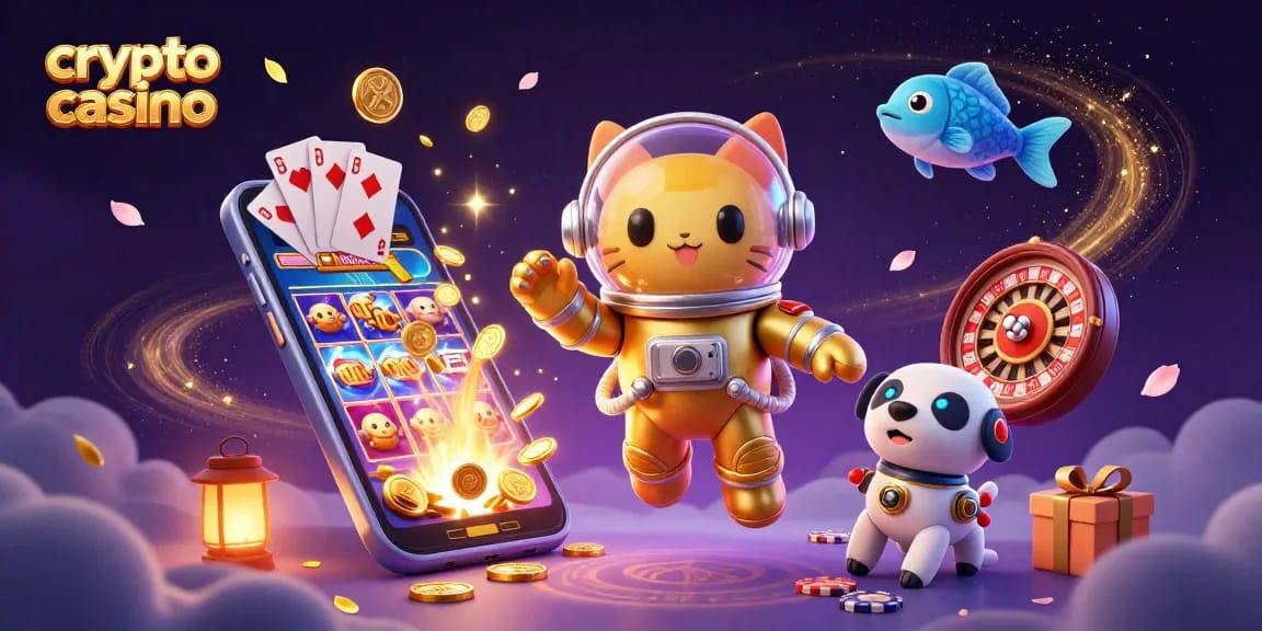 Scopri il crypto casino con fantastici giochi e vincite straordinarie in un'illustrazione vivace.