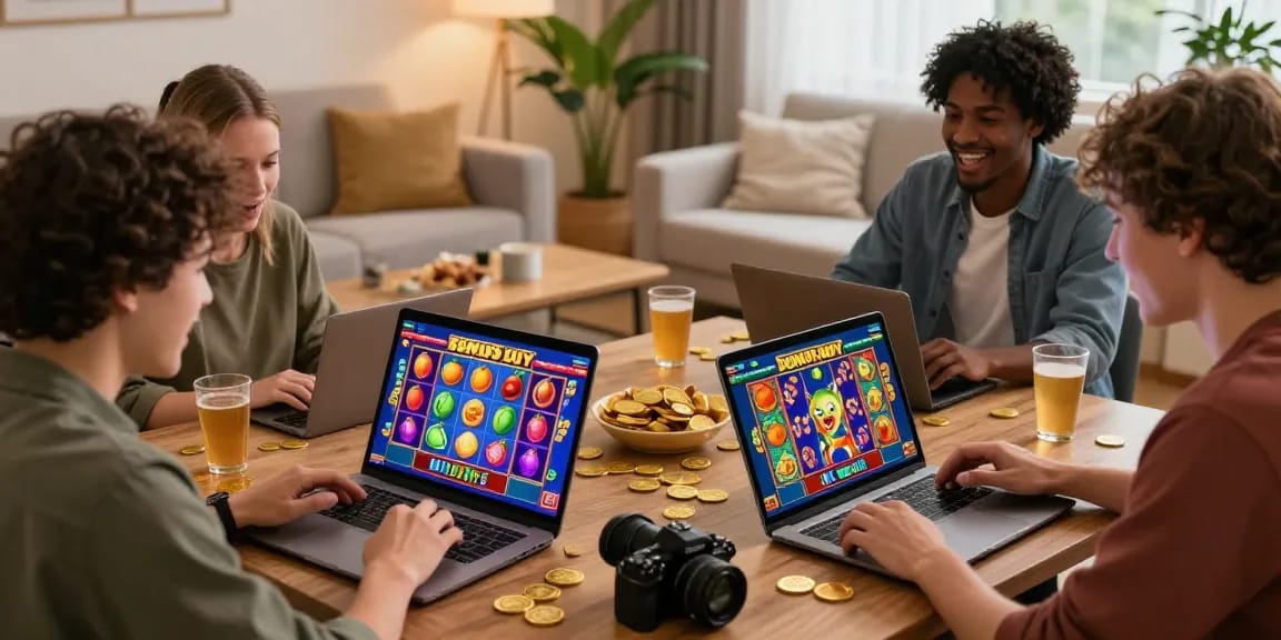 Players at home enjoying Bonus Buy Slots at https://crownnorthill.co.uk/ in a vibrant, inviting setting.