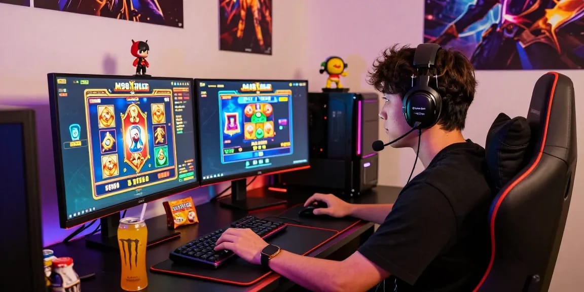 M98 สล๊อตเว็บตรง gaming scene with dual monitors, gamer focused on vibrant slot graphics.