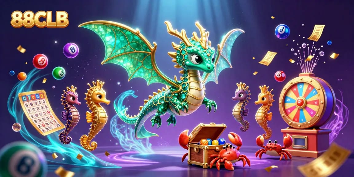 Immerse in the vibrant world of 88CLB with a dynamic lottery scene featuring colorful balls and a treasure-filled adventure.