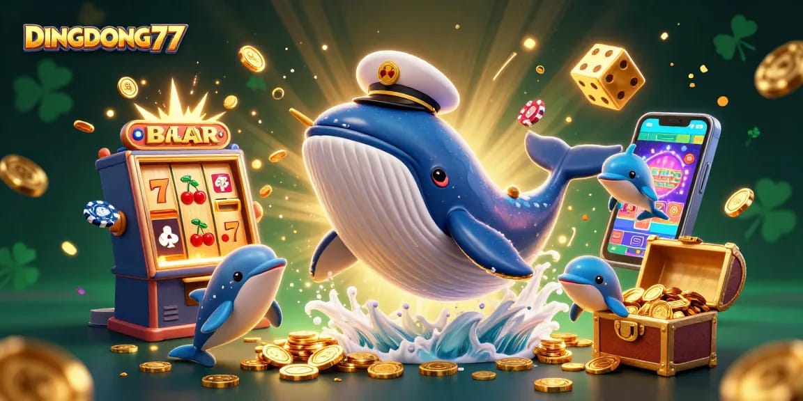 DINGDONG77 showcases a vibrant casino scene with a whale captain, golden narwhal, and dolphins gambling.