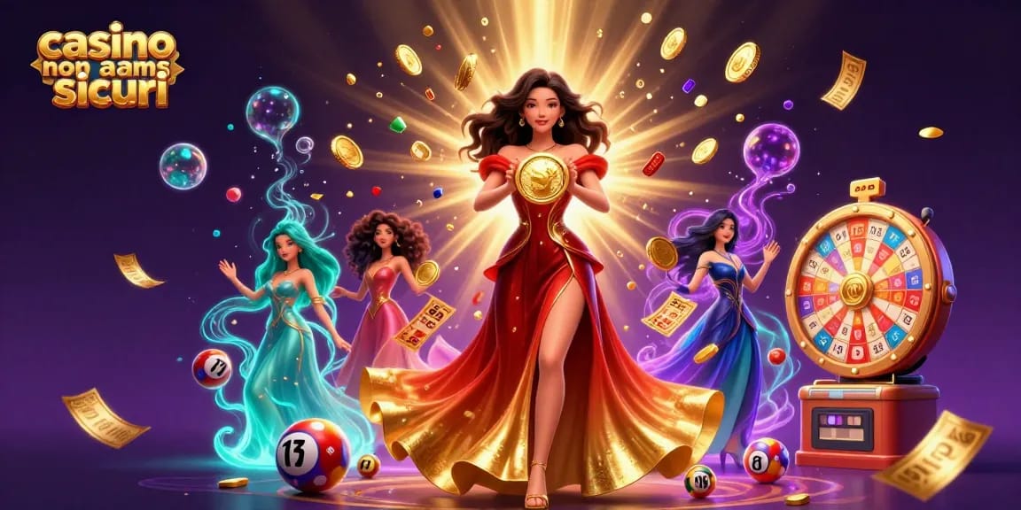 Vivi momenti esaltanti nei casinò non AAMS sicuri, mentre una donna straordinaria celebra le vittorie in mezzo a una pioggia di monete e vibranti elementi di gioco.