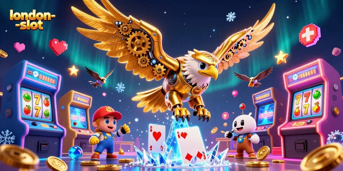 Experience the thrill of london-slot with a cybernetic golden eagle diving through vibrant casino elements.