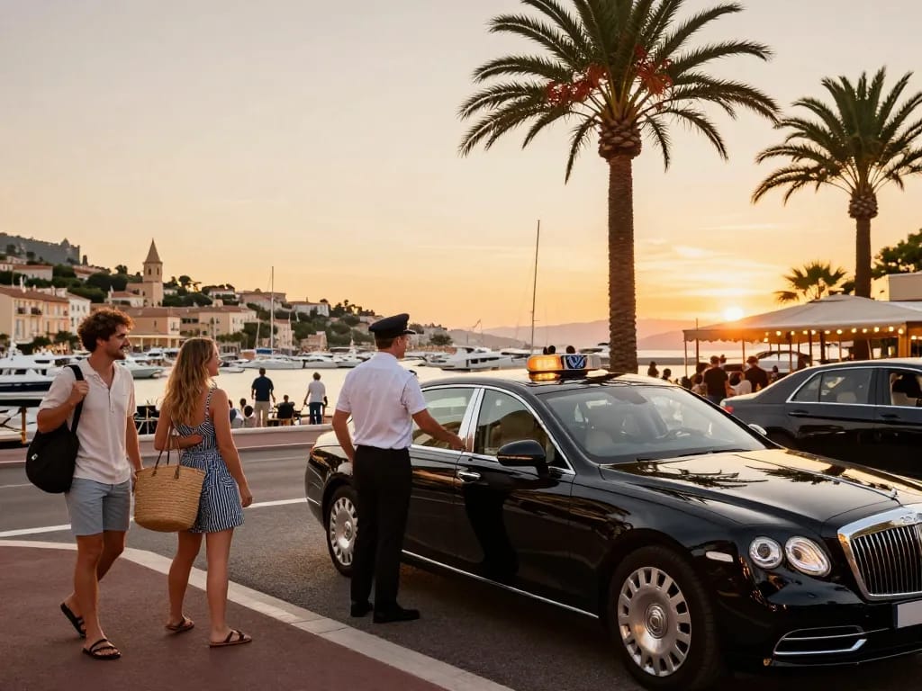 Taxi St Tropez avec un véhicule de luxe et des passagers heureux au coucher du soleil le long de la Côte d'Azur.