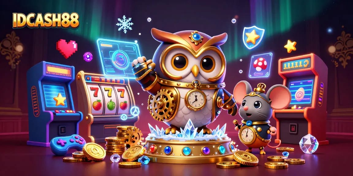 Play thrilling slots at IDCASH88 with a colorful 3D casino illustration featuring an owl and mouse.