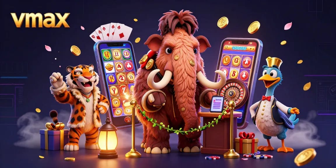 Enjoy the lively vmax gaming experience with cartoon characters, slot games, and casino elements surrounding them.