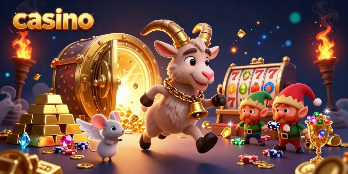 The lively casino scene features Krampus managing festive chaos with the tiny angel mouse amid mischievous elf gremlins.