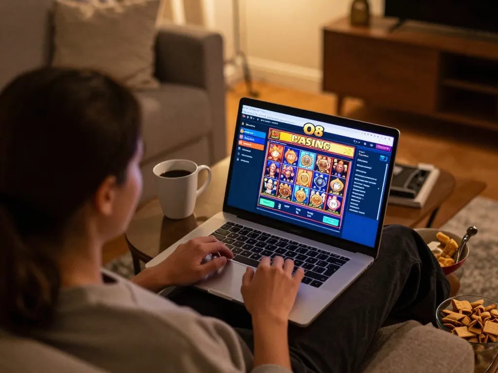 Player engaging with O8 online casino games at home, showcasing strategic gameplay in a cozy atmosphere