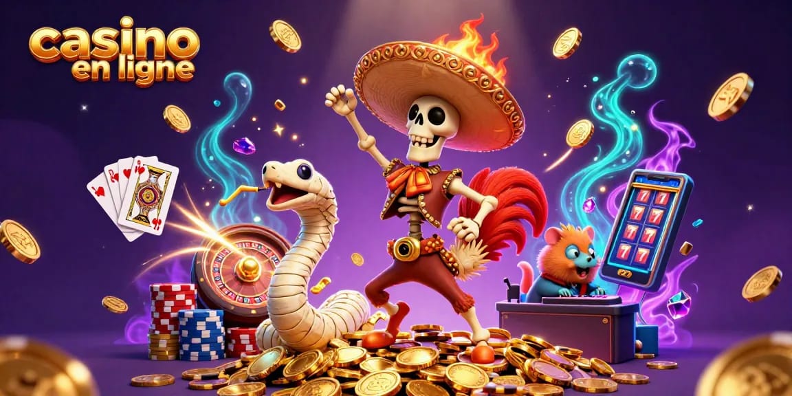 Jouez au casino en ligne avec des gains dorés en compagnie d'un rooster mariachi, d'un serpent momie et d'un hamster DJ.