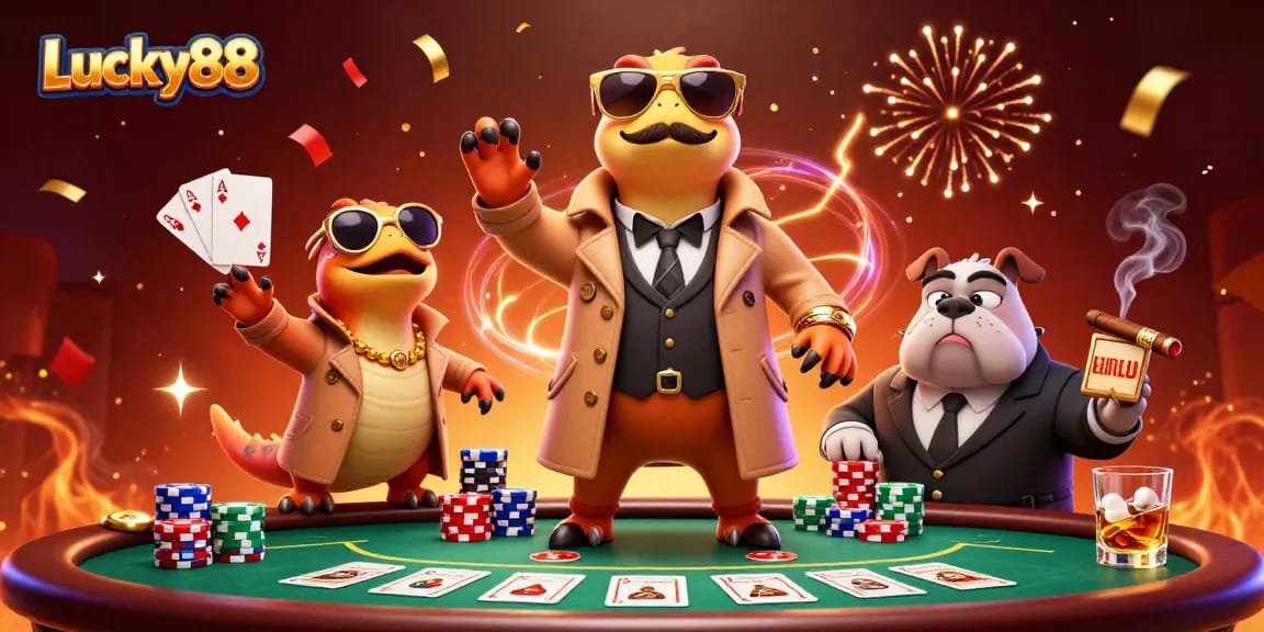 Lucky88 raptors sneak into a casino while a bulldog bouncer watches suspiciously.