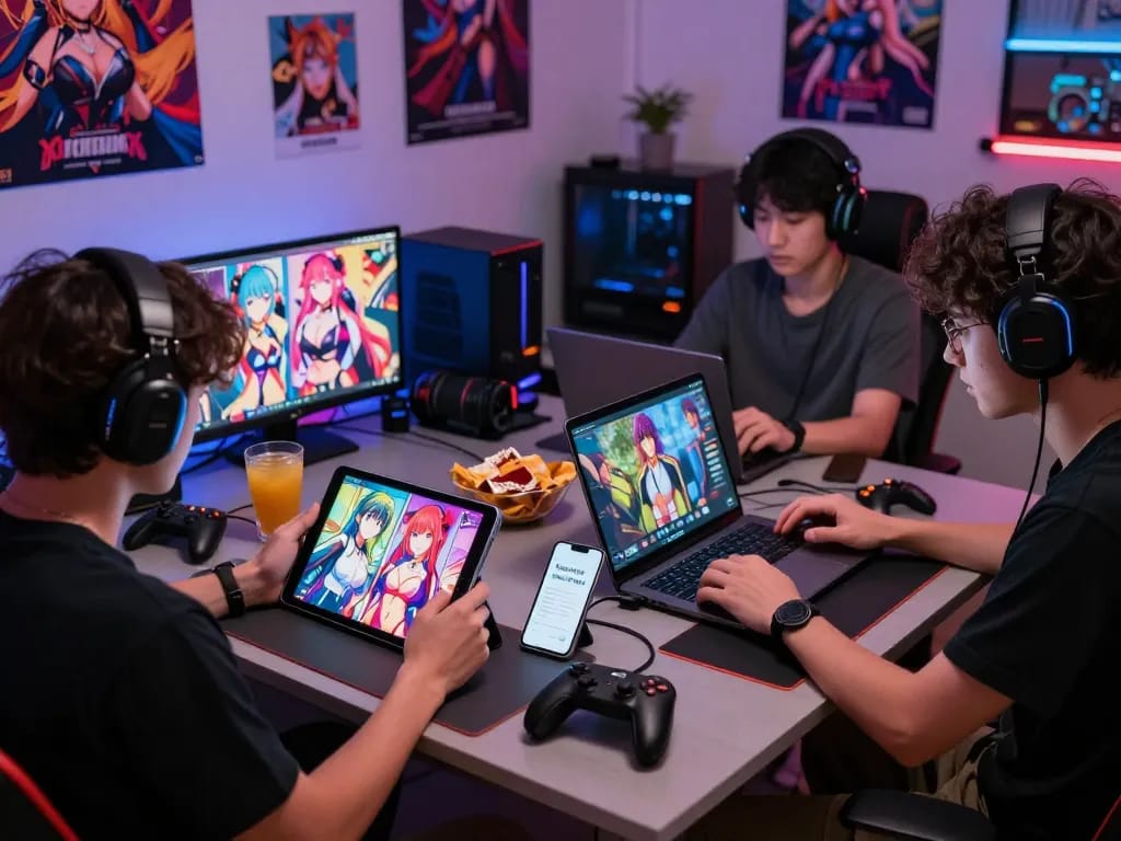 Enjoy playing porn games with friends in a cozy gaming setup featuring various devices.