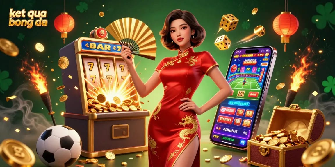 Experience the excitement of ket qua bong da as vibrant casino elements surround a confident Asian woman in a striking qipao dress.