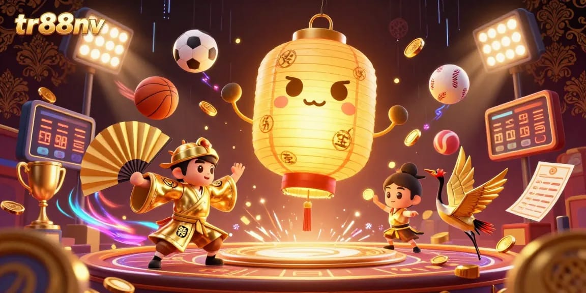 Engage with tr88nv's vibrant 3D casino atmosphere featuring a golden lantern spirit amidst dynamic sports betting elements.