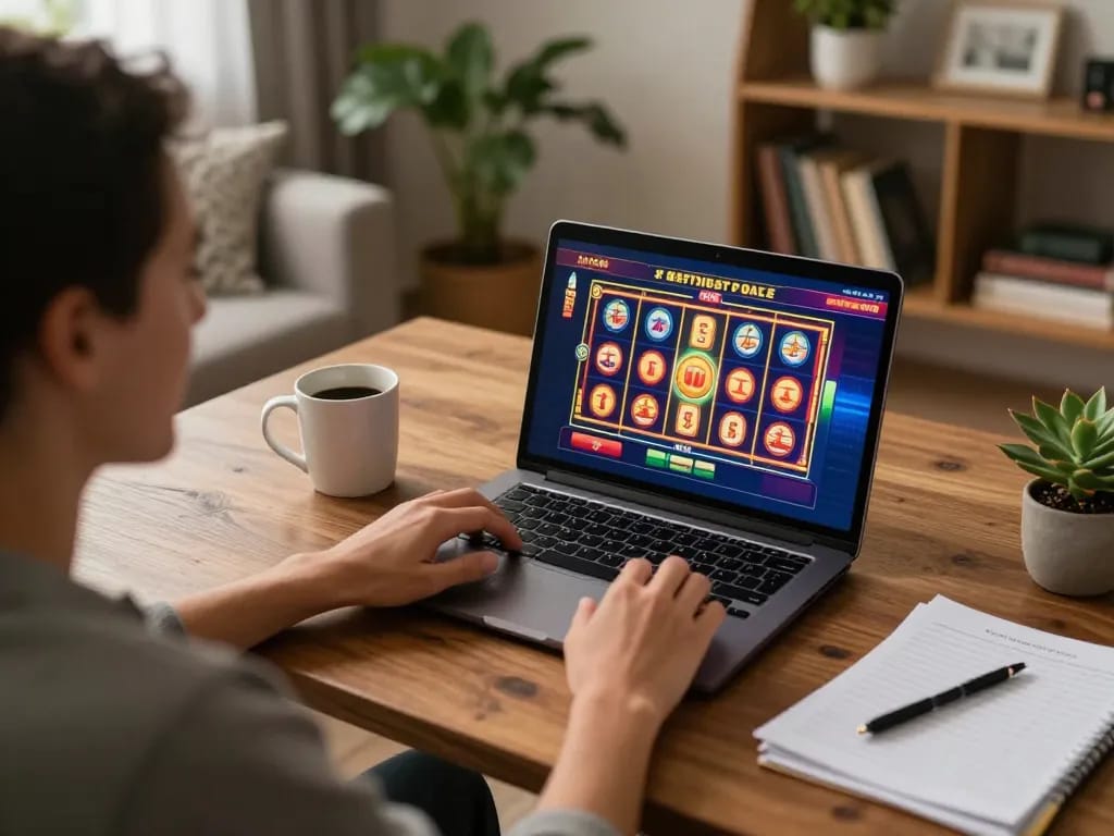 situs slot gacor in action as a player navigates online slots on a laptop in a cozy home setup