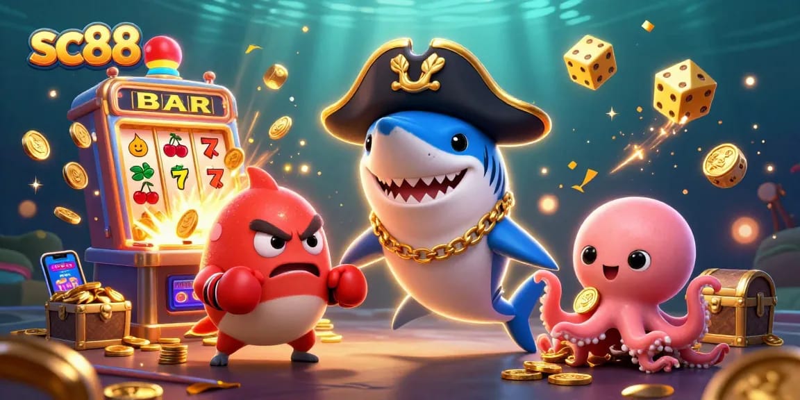 sc88 pirates celebrate a jackpot with coins and casino elements in an underwater casino