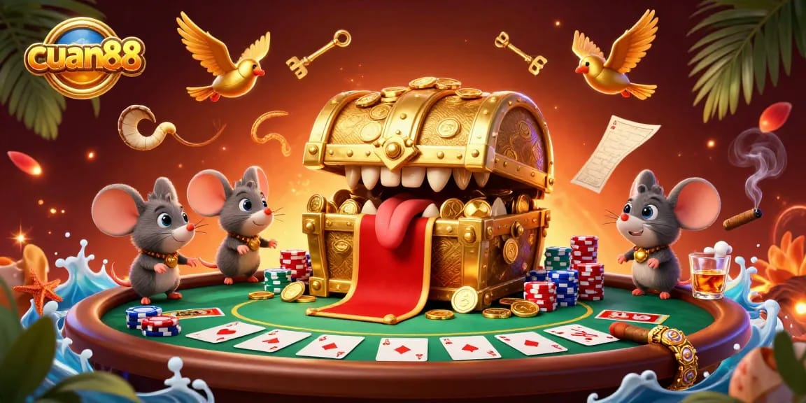 Menangkap keseruan cuan88 dengan peti harta karun berkilau dan permainan poker yang menarik.