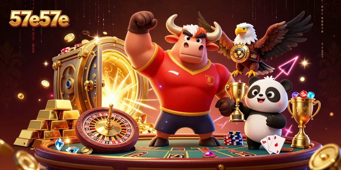 Experience the excitement of 57e57e with a dynamic casino scene featuring winning symbols and engaging characters.