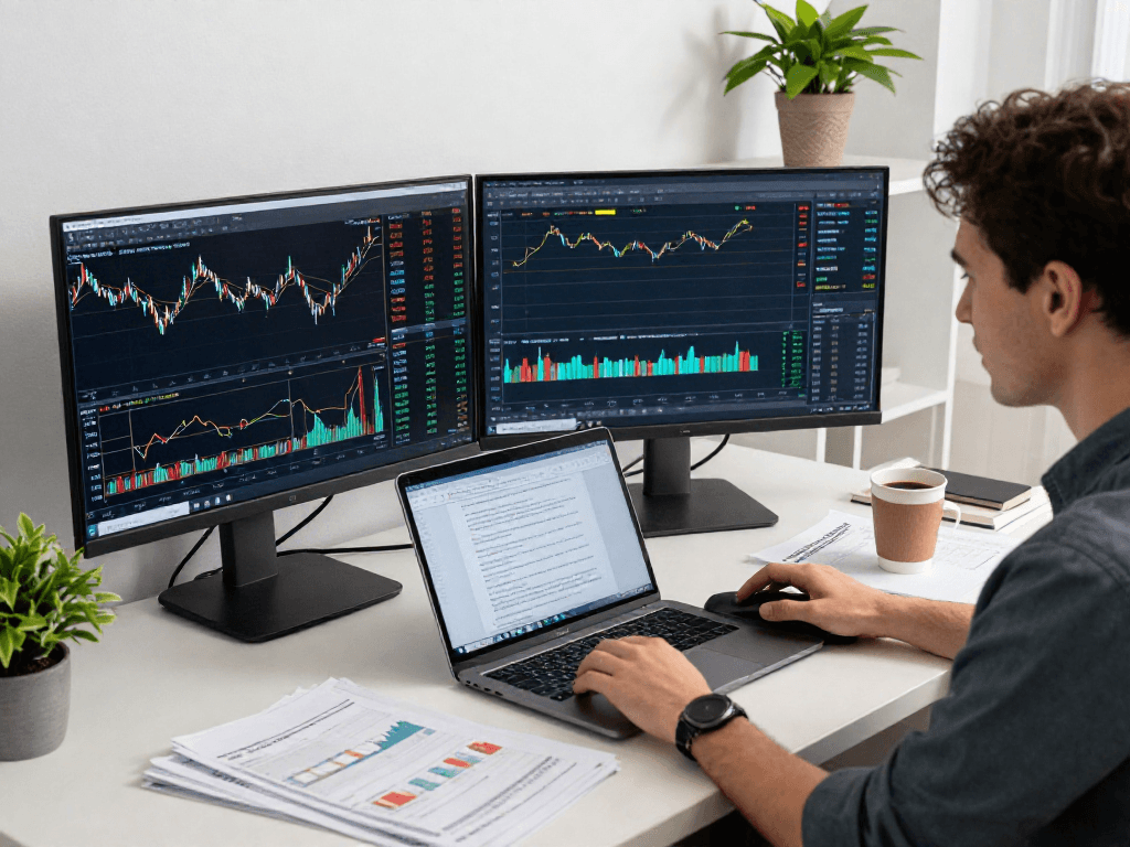 通过TradingView进行行情分析的专业交易员，显示实时股票和加密货币图表。