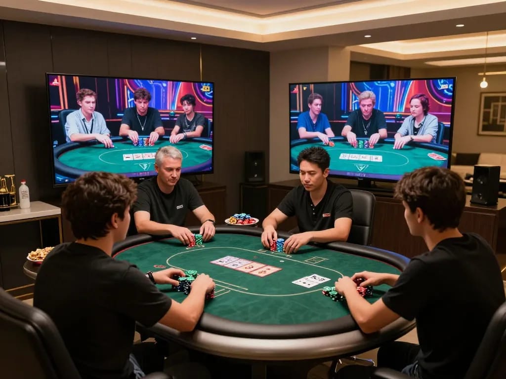 O8 online players strategizing in a vibrant poker game setting with chips stacked.