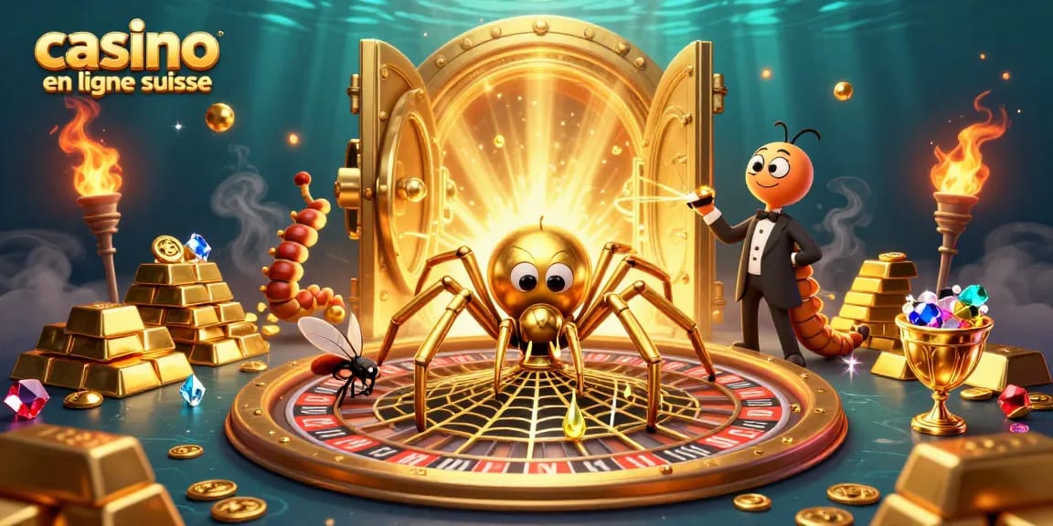 Placer des mises au casino en ligne suisse avec une illustration captivante de personnages animés et des éléments riches.