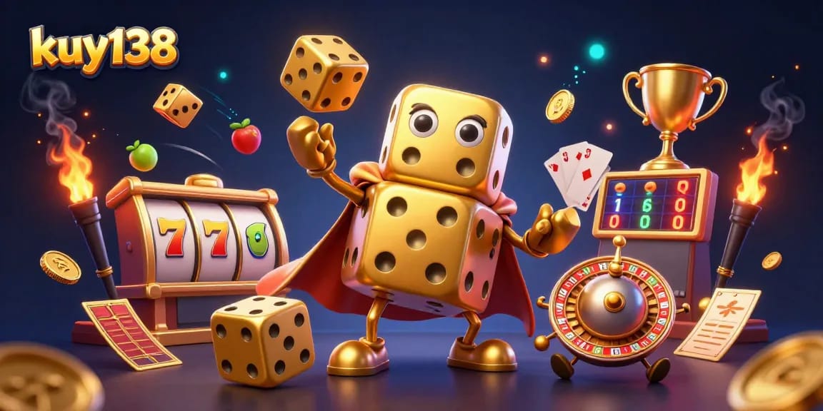 Gambaran 3D kuy138 yang menampilkan dadu emas yang menggoda, bermain dengan jackpot slot di dunia kasino.