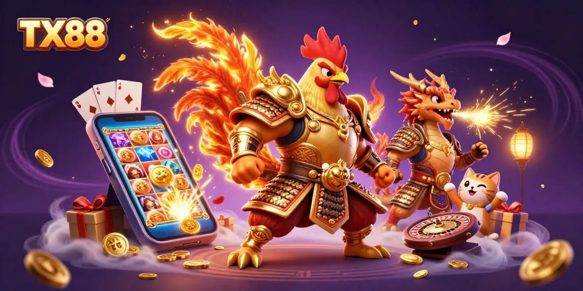 TX88 showcases exciting gaming elements with fighting rooster, dragon, and vibrant casino items.