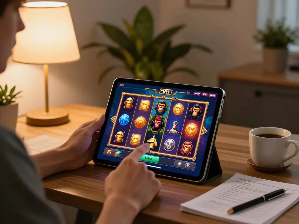 Player enjoying online slots on a tablet while focusing on the agen terpercaya interface and strategy notes.