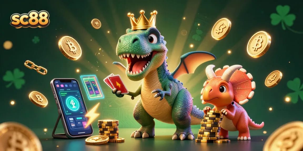 sc88 showcases a T-Rex shuffling cards in a lively crypto casino scene, enhancing the gaming experience.