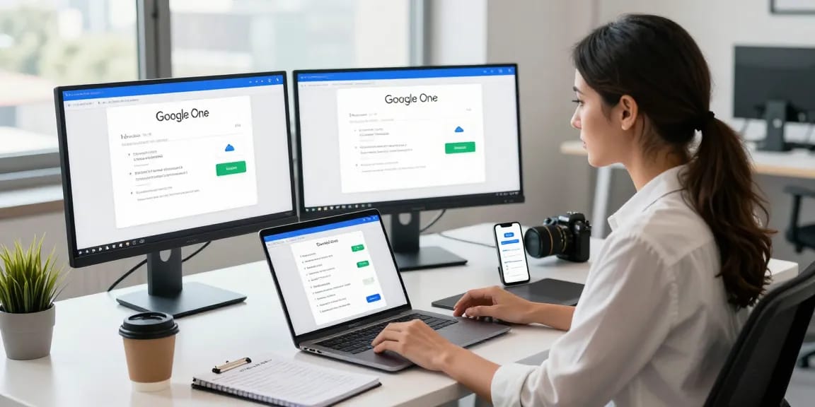 Google One Subscription in Nepal showcased in a modern office with dual monitors showing storage options and benefits.