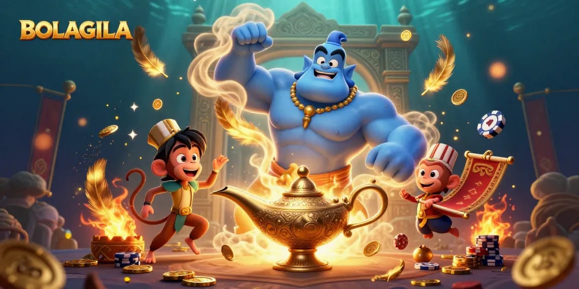 BOLAGILA showcases vibrant casino energy featuring a genie, monkey, and poker chips in a magical scene.