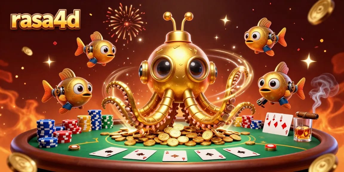 Permainan kartu di kasino online dengan rasa4d, tampak kegembiraan dan koin emas melimpah.