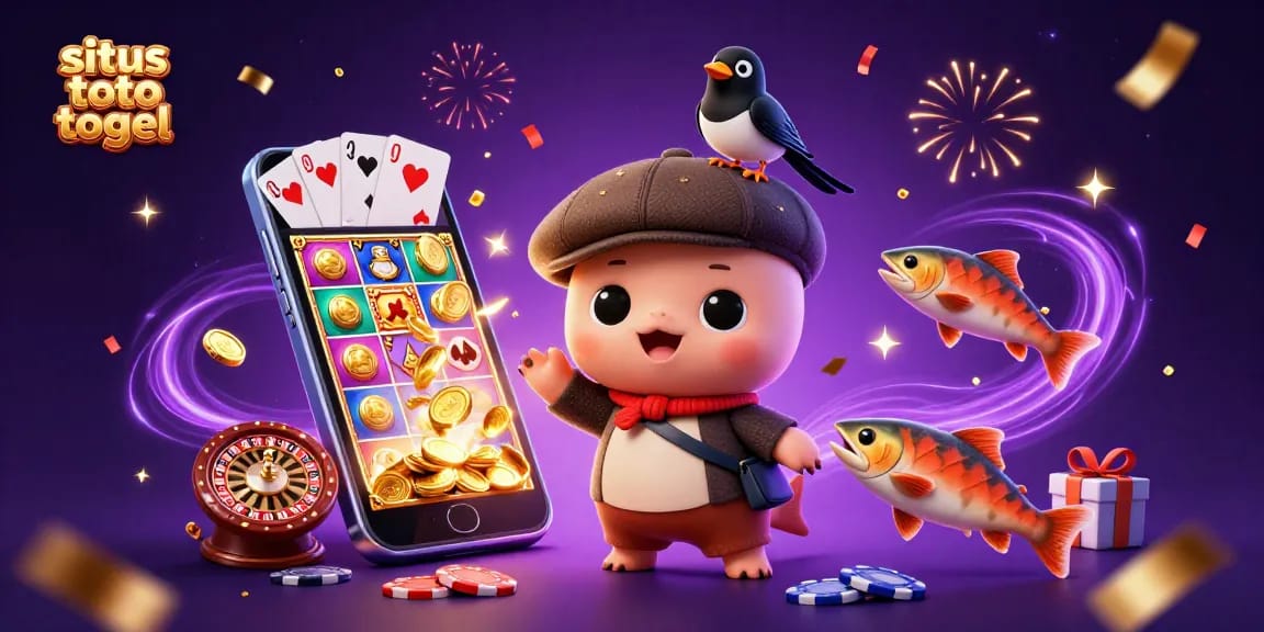 situs toto togel showcases an engaging 3D illustration of Nessie and friends celebrating with casino elements.