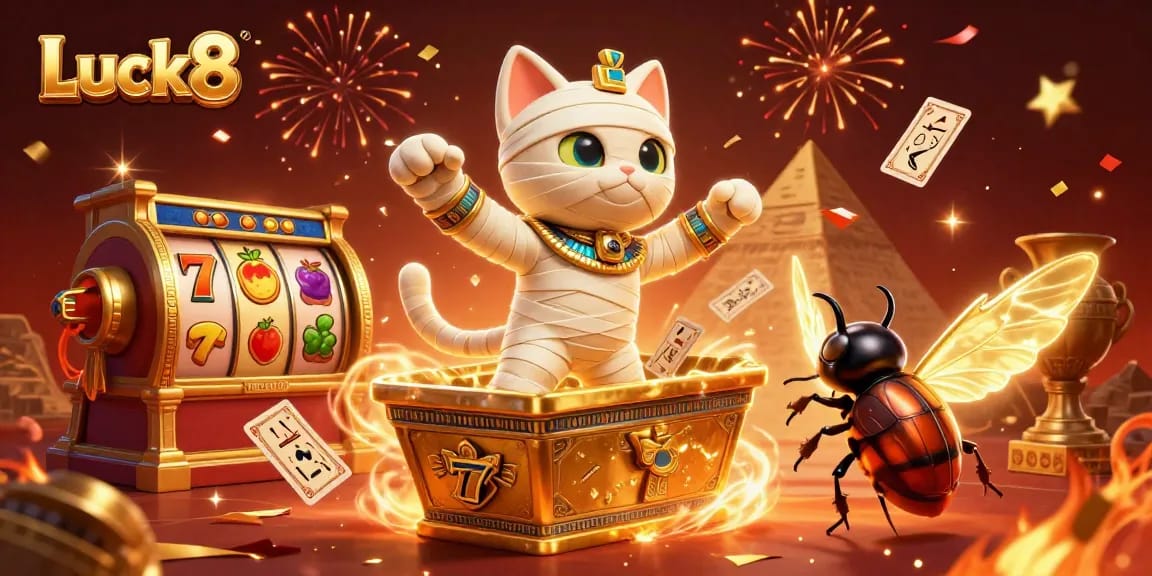 Experience thrilling wins at Luck8 with an Egyptian mummy cat in a vibrant casino scene.