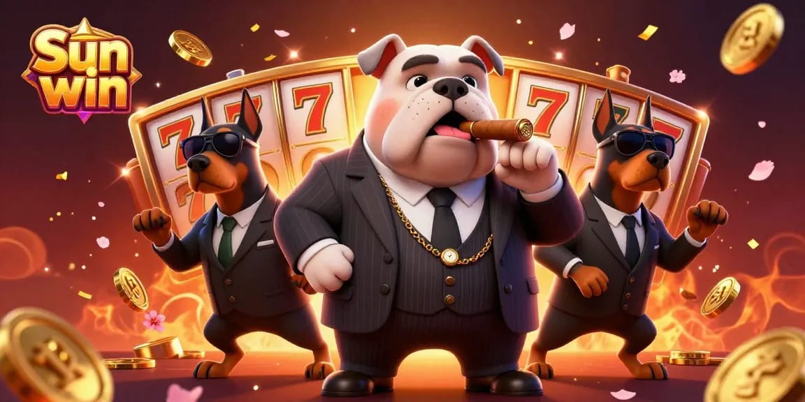 Experience the excitement of Sun win with a dynamic 3D casino scene featuring a mafia bulldog and security Dobermans.