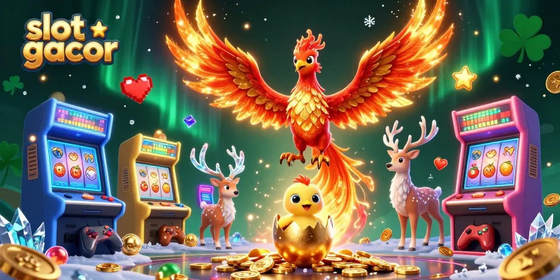 Experience dynamic slot gacor gameplay with a vibrant phoenix and casino symbols in a lively illustration.