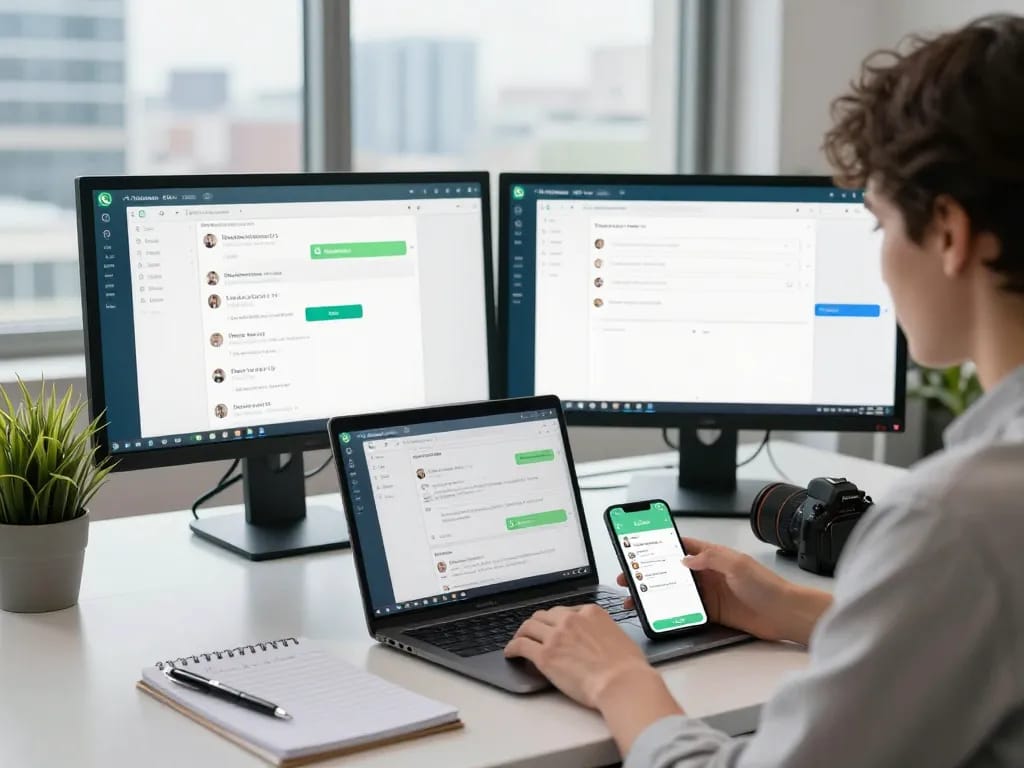 专注的个人在现代办公室环境中使用笔记本电脑上的WhatsApp网页版。