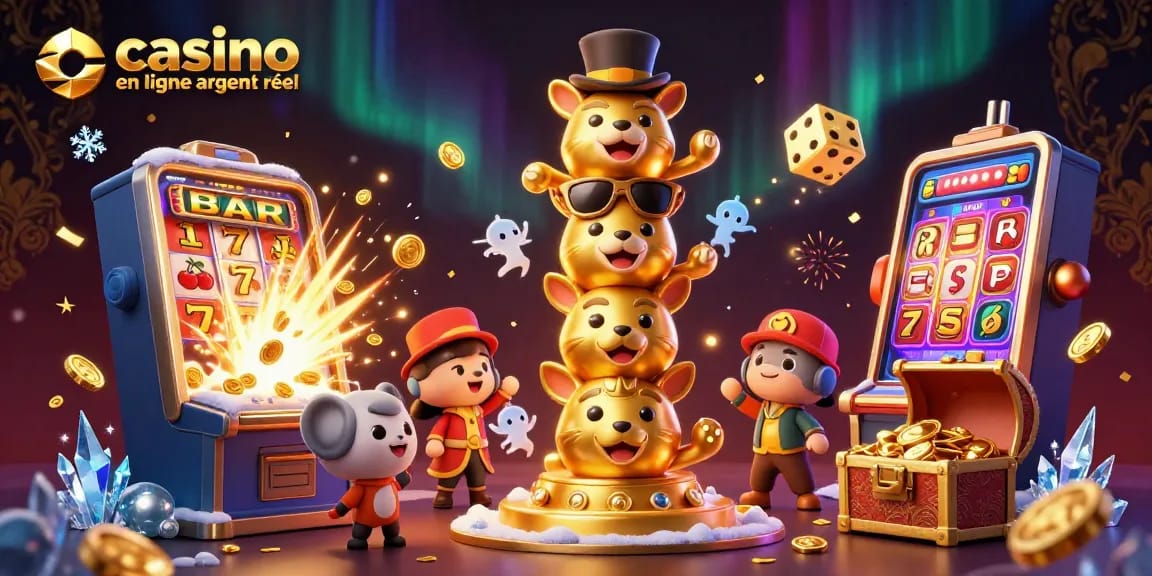 Plateforme de casino en ligne argent réel avec totem coloré et machines à sous, illuminée d'effets festifs.