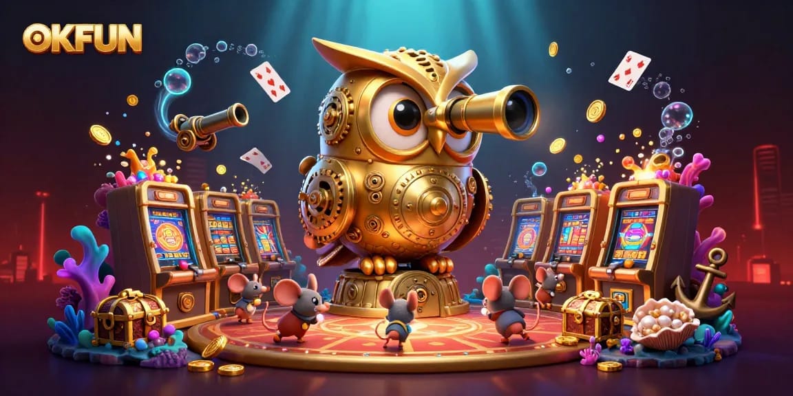 Experience the excitement at OKFUN with a dynamic 3D casino scene filled with treasures and game elements.