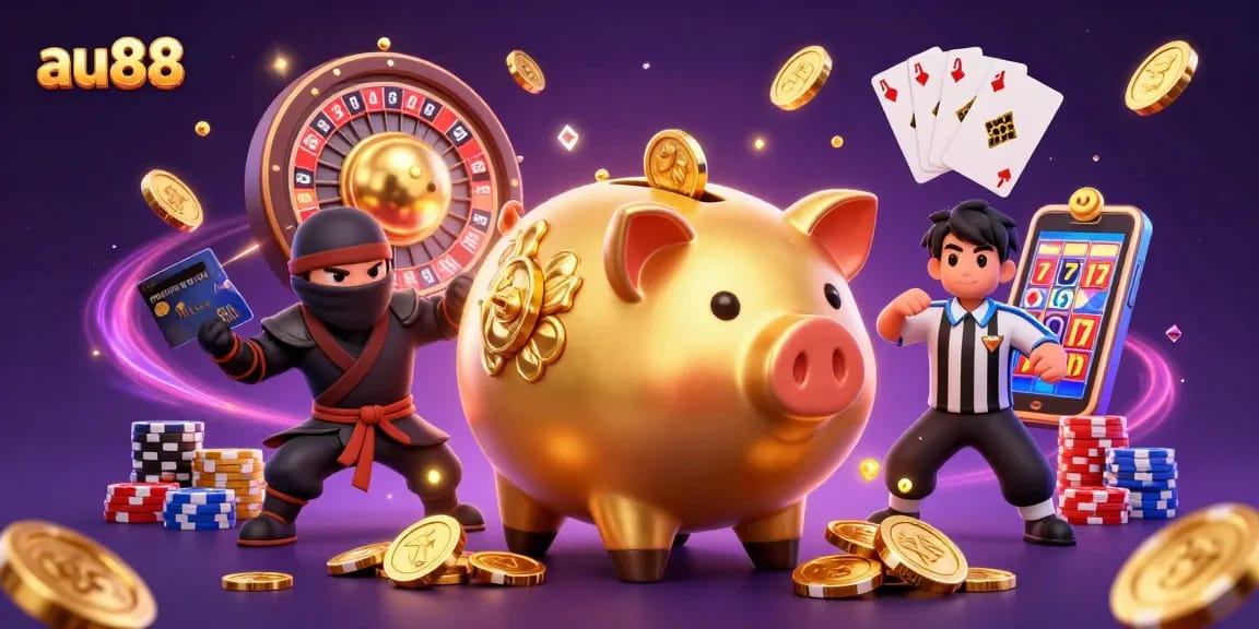 Experience vibrant 3D casino adventure at au88 with golden coins and interactive game elements.