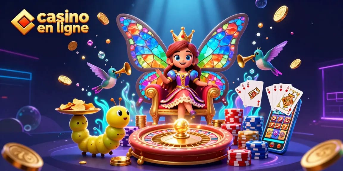 Plongez dans l'univers du casino en ligne avec cette illustration dynamique pleine de couleurs et d'éléments de jeu.