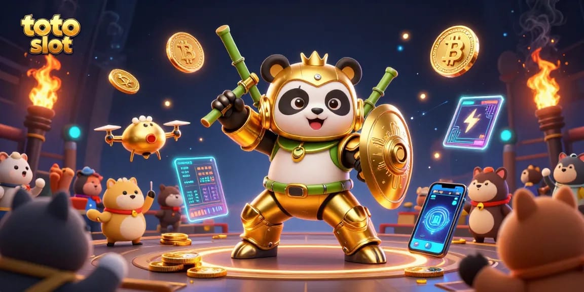 Menangkan jackpot dengan toto slot dan lihat robot panda emas bertanding di arena.