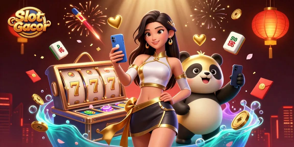 Engage with Slot Qris Gacor using a smartphone in an exciting casino-themed illustration featuring vibrant symbols.