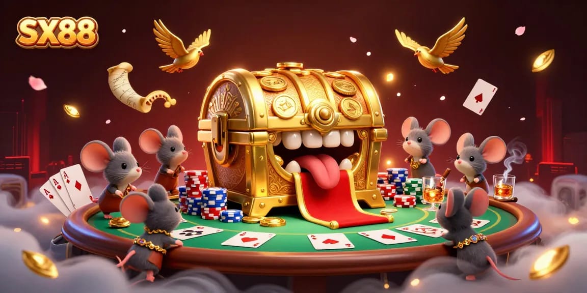 SX88 captivates players with a thrilling casino adventure featuring a treasure chest and poker scene.