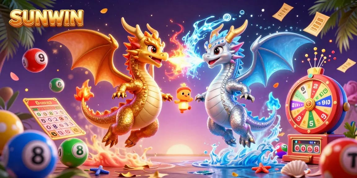 SUNWIN's engaging 3D illustration showcases vibrant gambling elements, featuring golden and silver dragons in a dynamic casino scene.