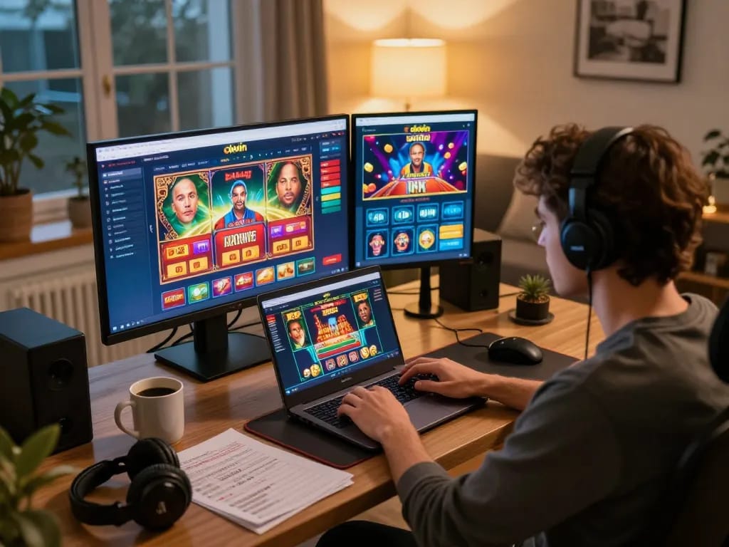 Player engaging with okwin online casino app for strategic gaming decisions during a cozy evening.